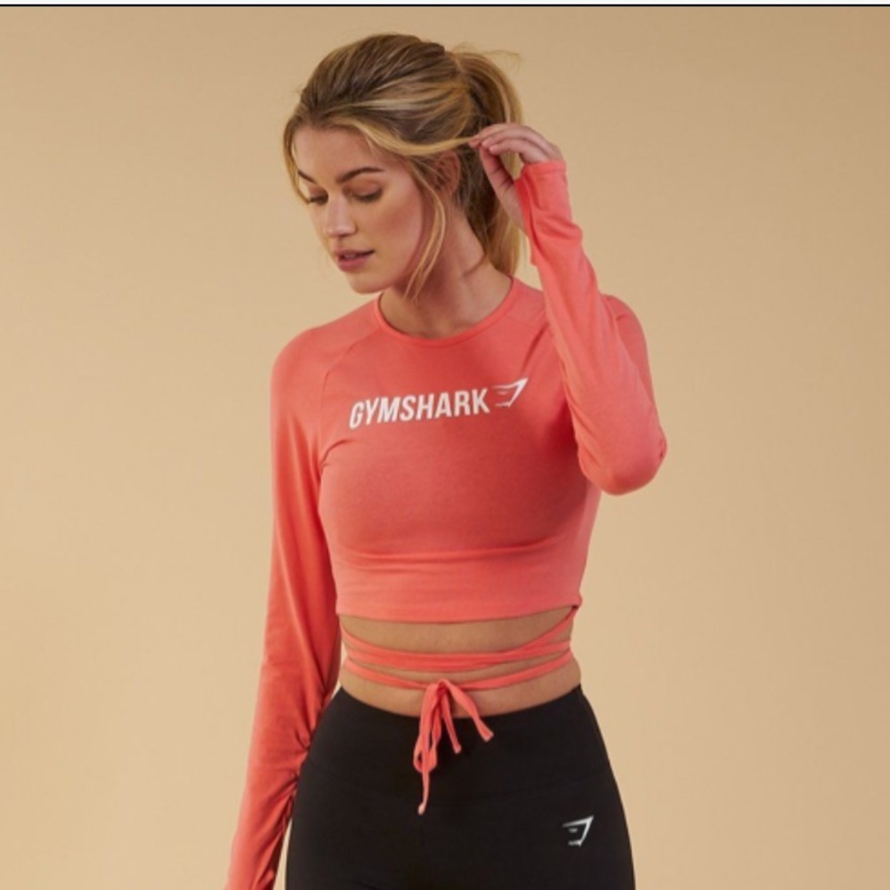 GymShark Long Sleeve Ribbon CropTop PeachCoral  XS